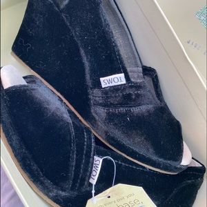 Toms Black Velvet peep toe wedge heels